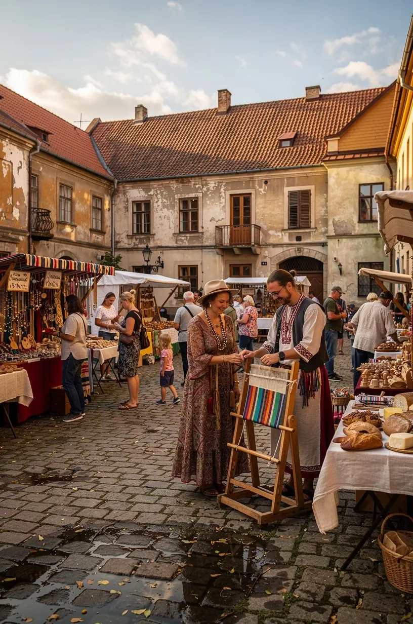 Žingsniai po ramią pievą su laukinių gėlių puokšte ir tolumoje matomu kaimo nameliu.